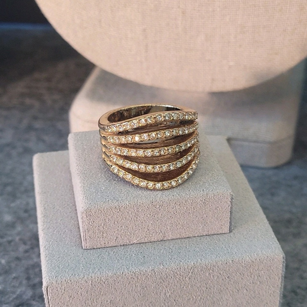 Ann Taylor Crystal Pave Multi Row Stacked Gold Tone Statement Ring Sz 8